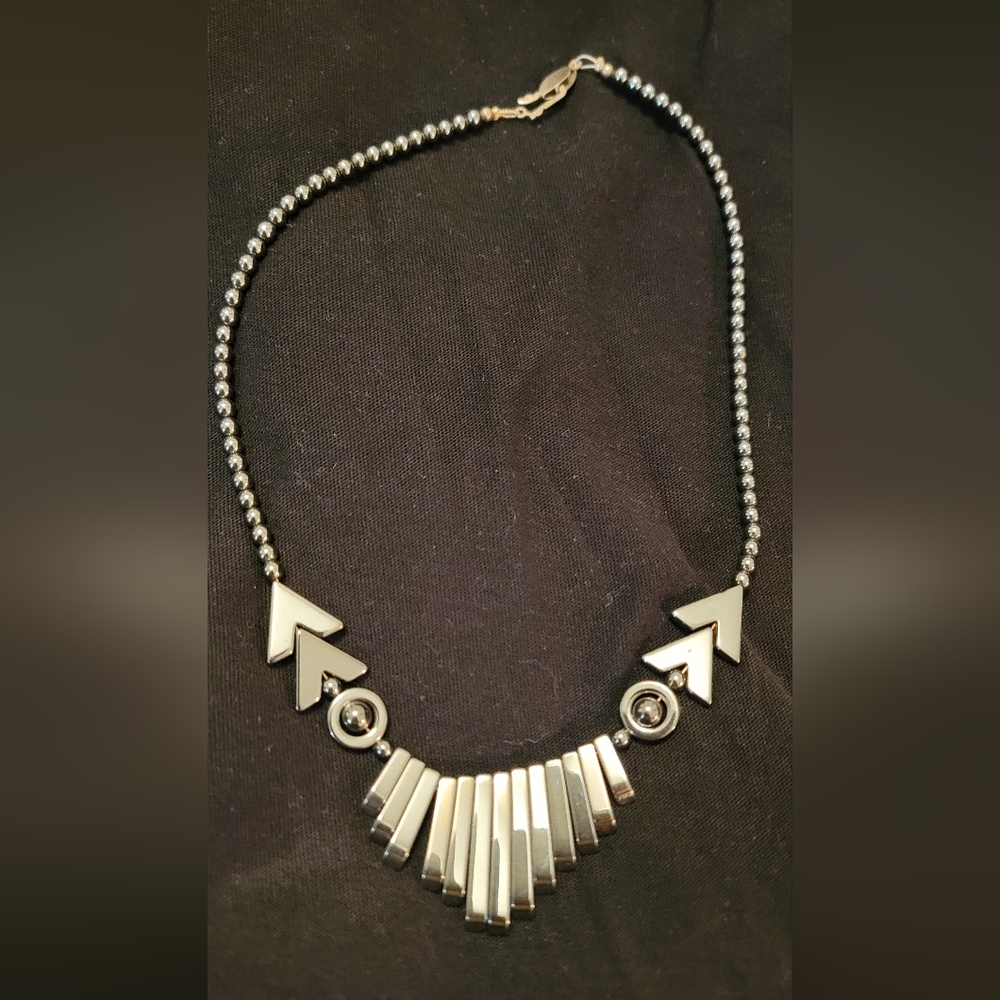 Hematite Bead Statement Necklace — Geometric Silver-Tone Pendant, Handmade Style